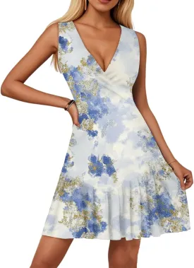 2025 Women's Summer Dresses Sleeveless Tropical Sexy Wrap V Neck Floral Hem Pleated Sunbathing Mini Dresses