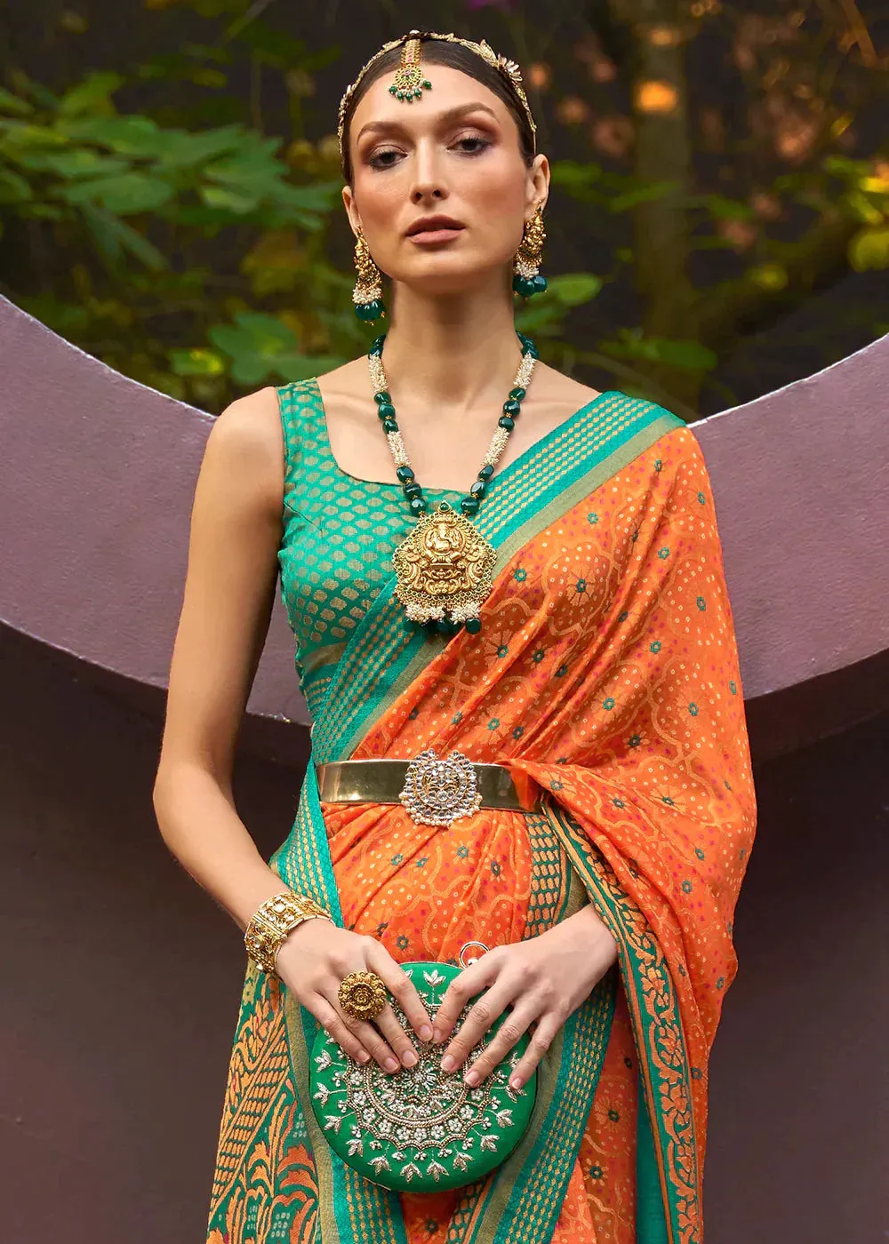 Aerospace Orange Designer Printed Brasso Silk Saree