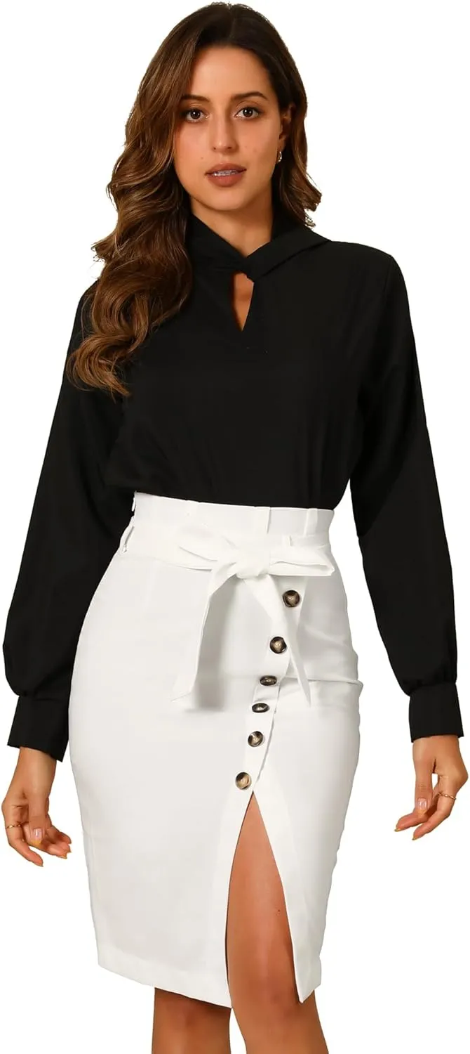 Allegra K Women's Pencil Skirt High Waisted Slit Button Decor Belted Work Skirts