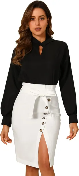 Allegra K Women's Pencil Skirt High Waisted Slit Button Decor Belted Work Skirts