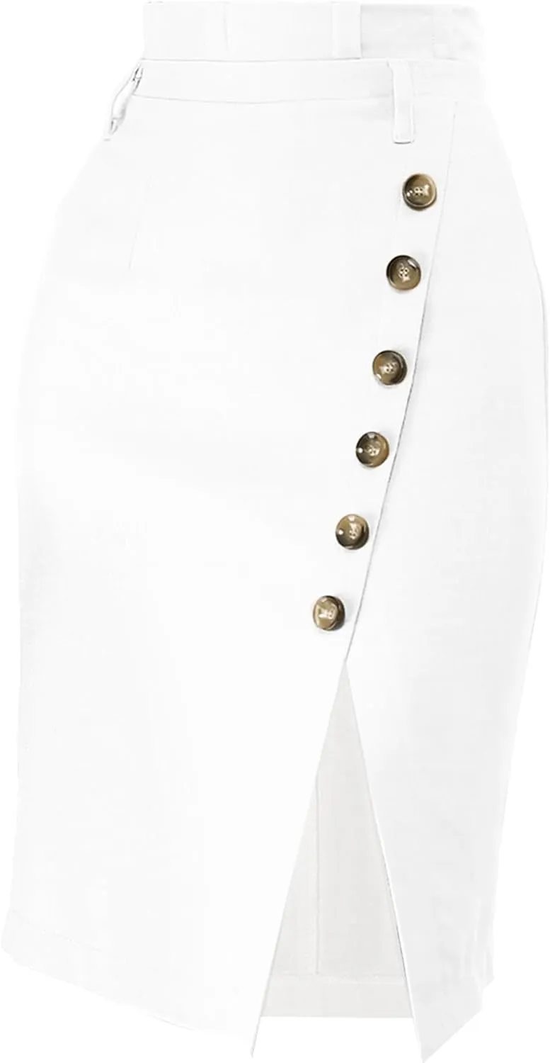 Allegra K Women's Pencil Skirt High Waisted Slit Button Decor Belted Work Skirts