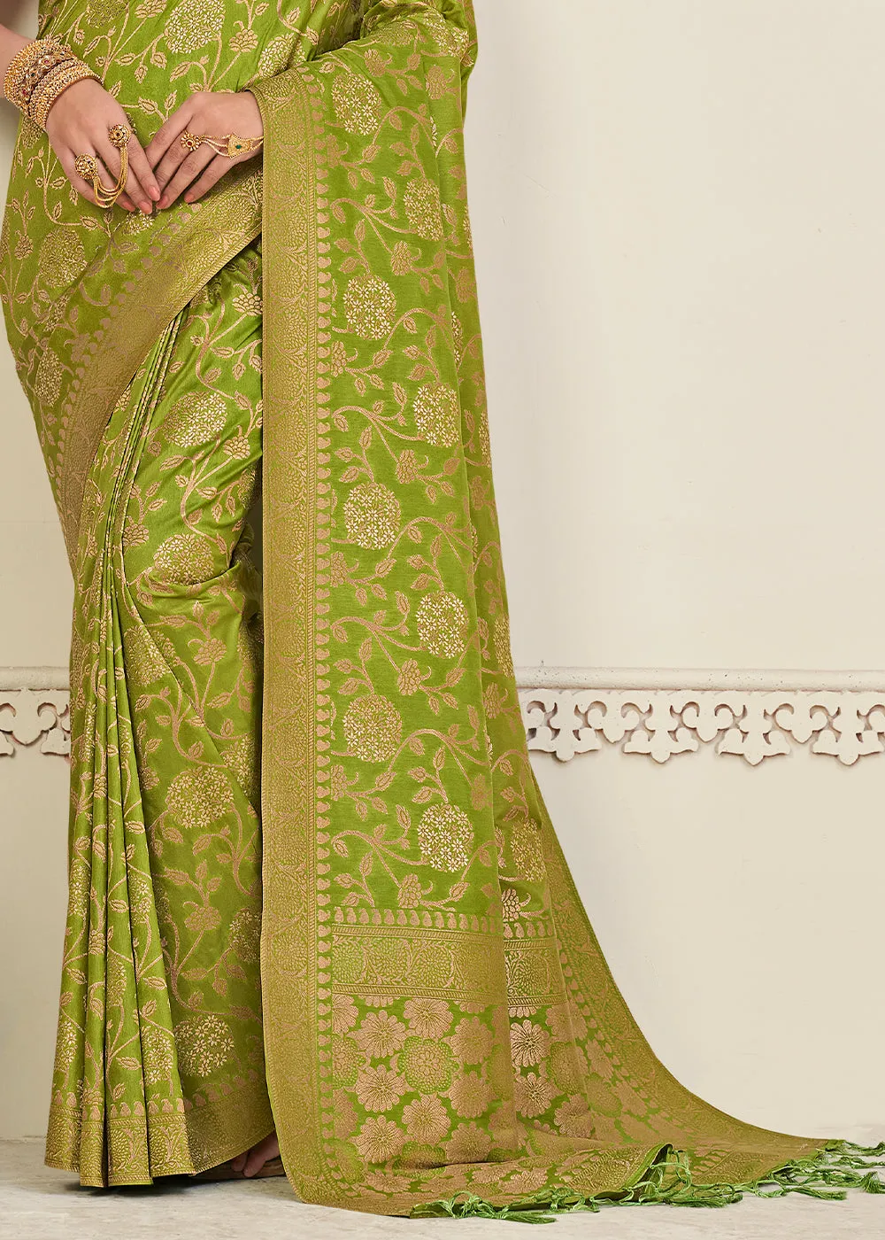 Avocado Green Zari Woven Dola Silk Saree