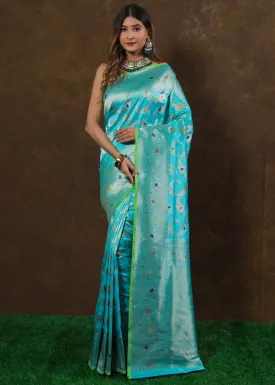 Baby Blue Hand Woven Pure Katan Silk Saree