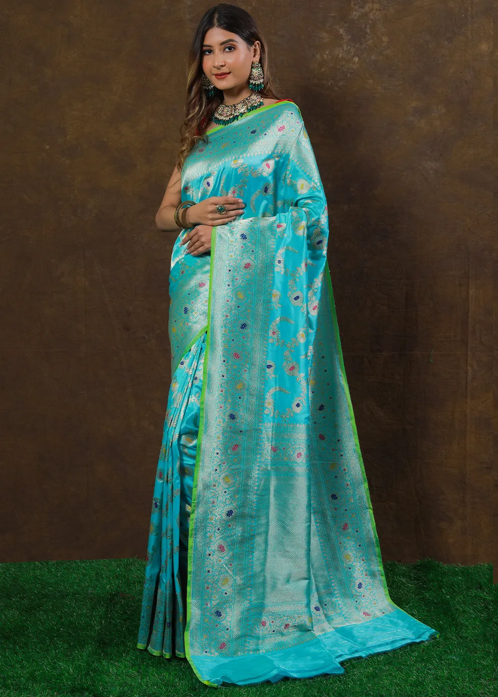 Baby Blue Hand Woven Pure Katan Silk Saree