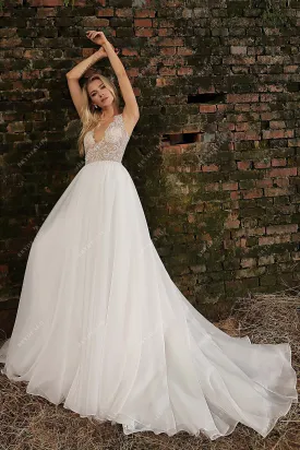 Beaded Lace Illusion Neck Organza A-line Chic Wedding Gown