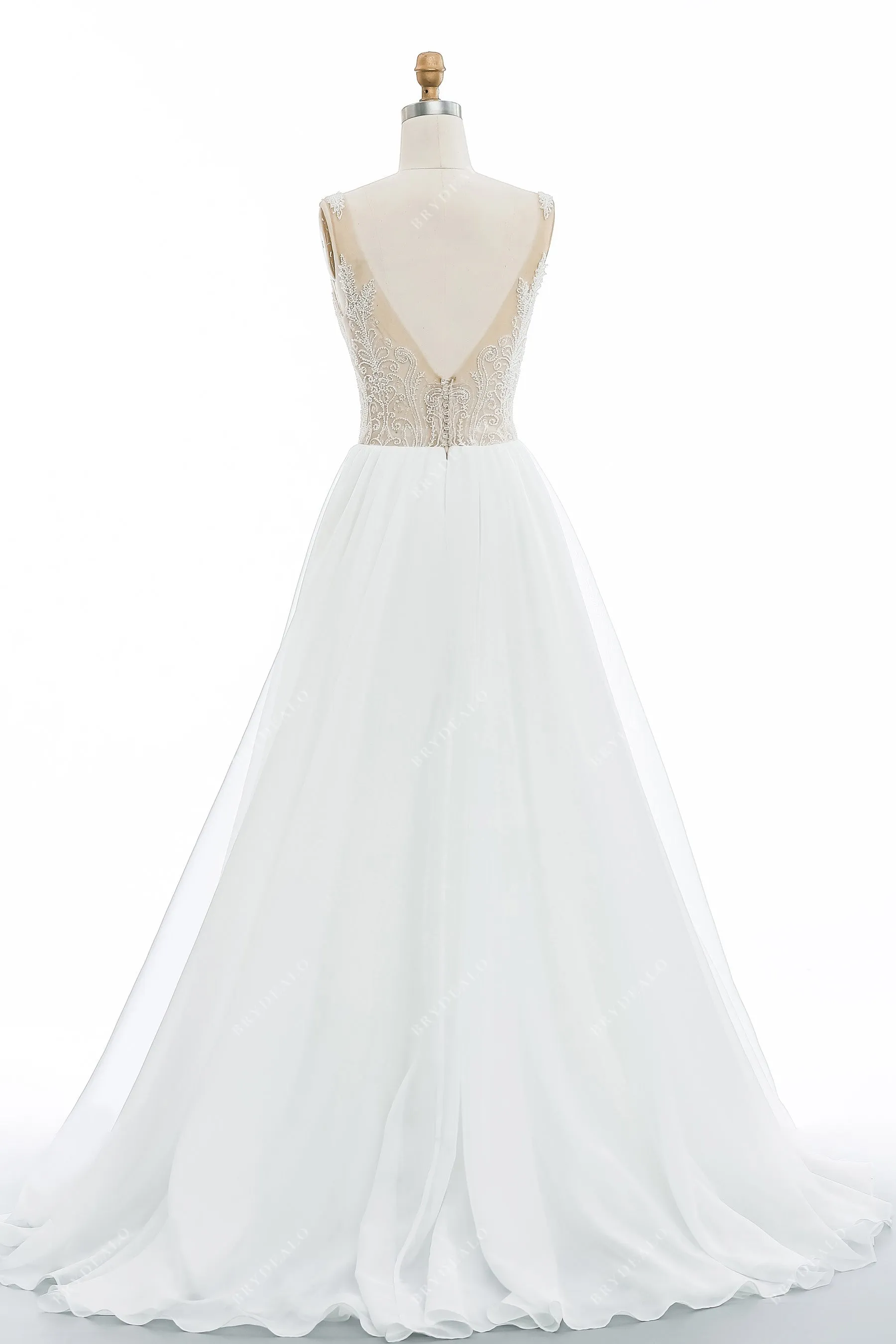 Beaded Lace Illusion Neck Organza A-line Chic Wedding Gown