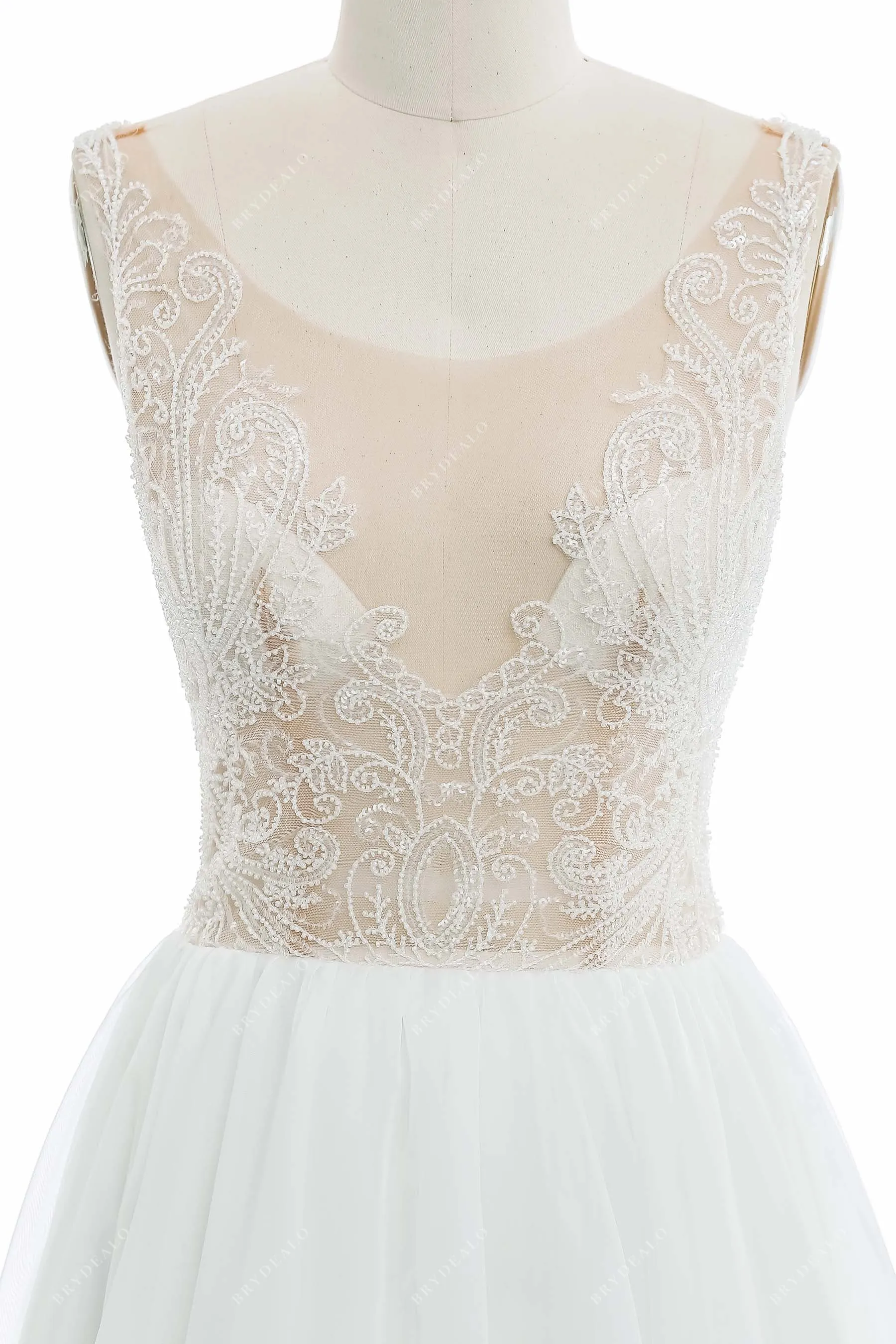 Beaded Lace Illusion Neck Organza A-line Chic Wedding Gown
