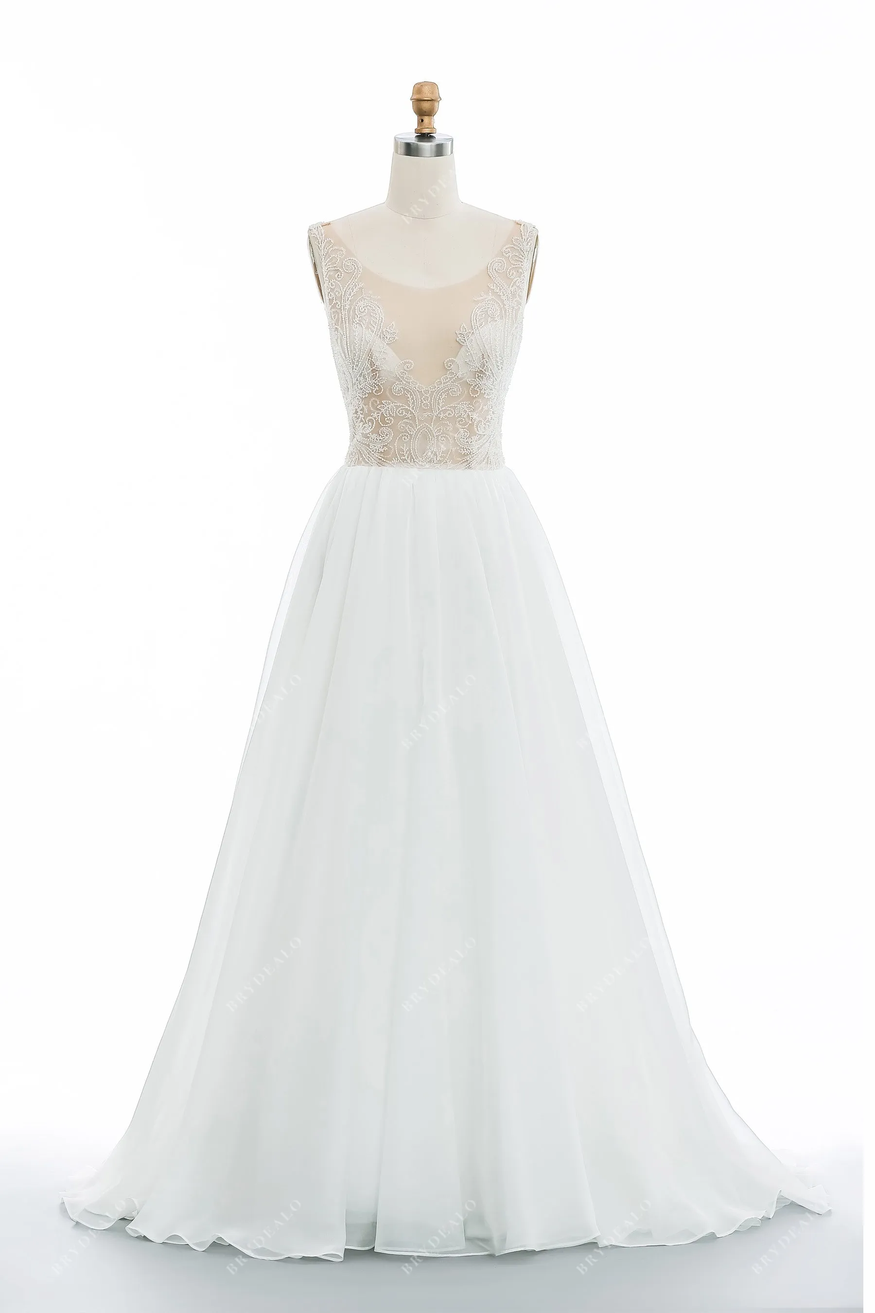 Beaded Lace Illusion Neck Organza A-line Chic Wedding Gown