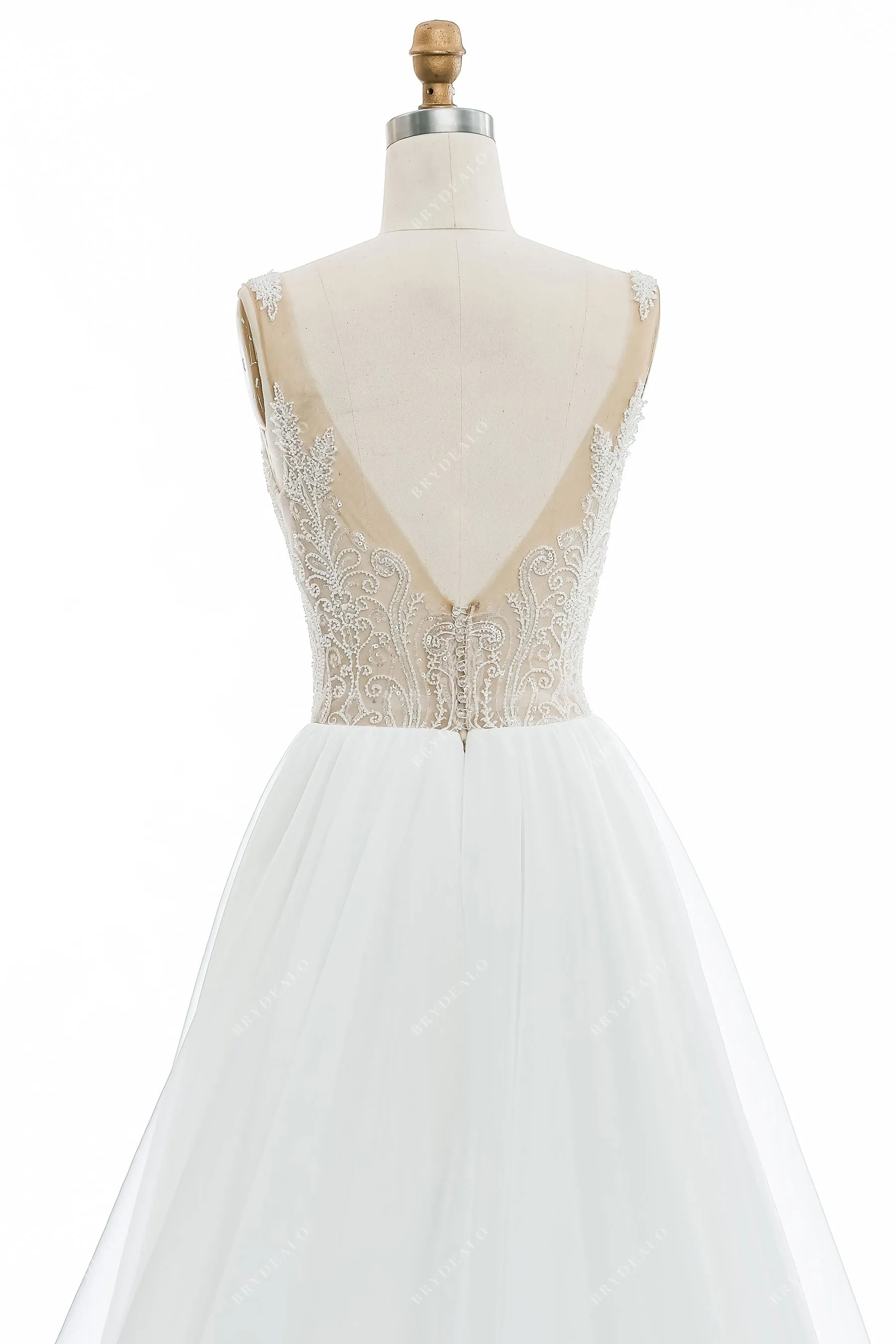 Beaded Lace Illusion Neck Organza A-line Chic Wedding Gown