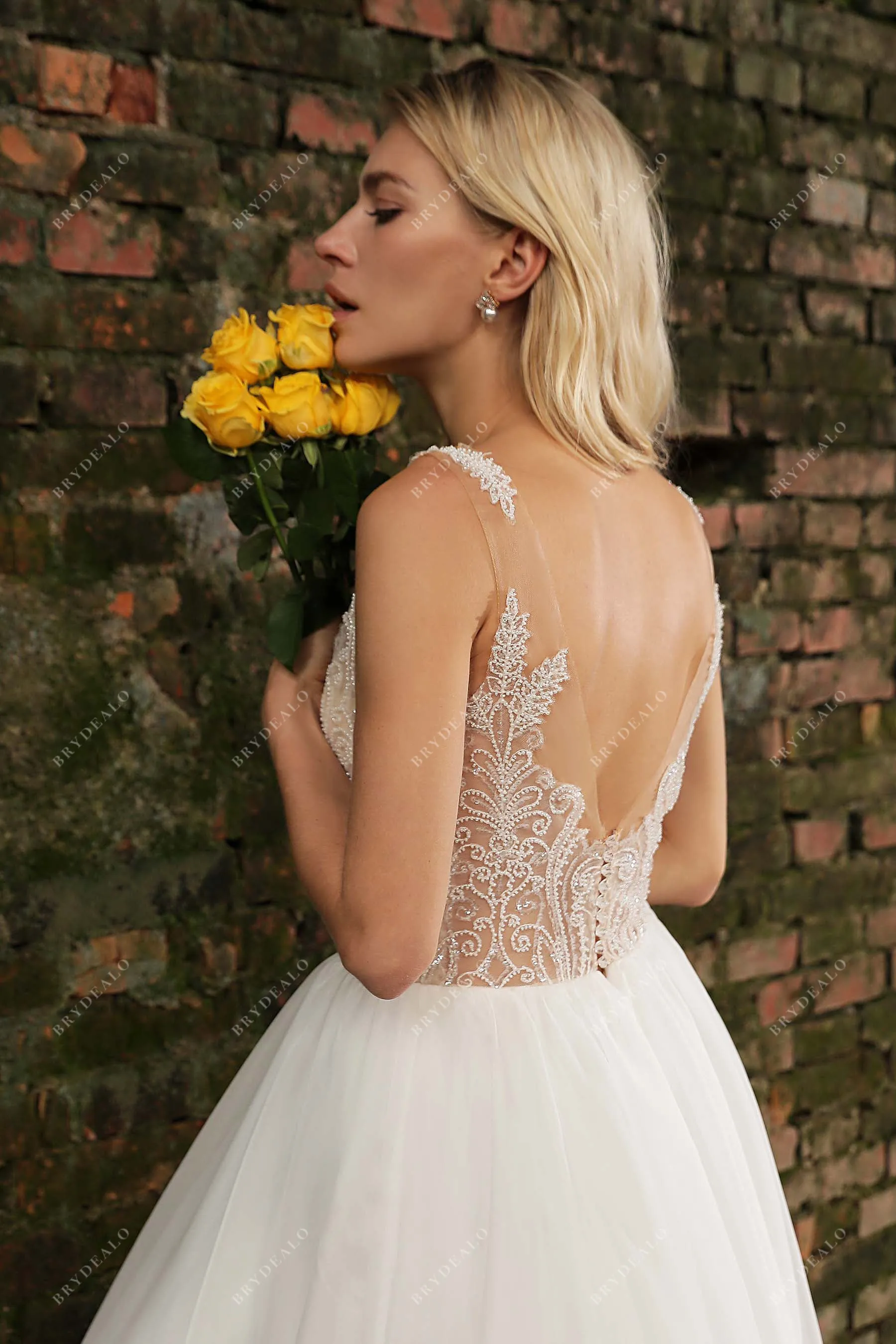 Beaded Lace Illusion Neck Organza A-line Chic Wedding Gown
