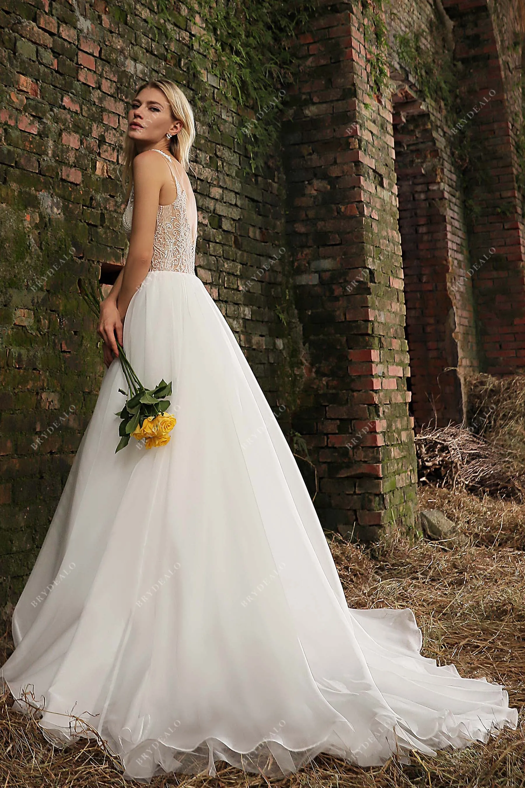 Beaded Lace Illusion Neck Organza A-line Chic Wedding Gown