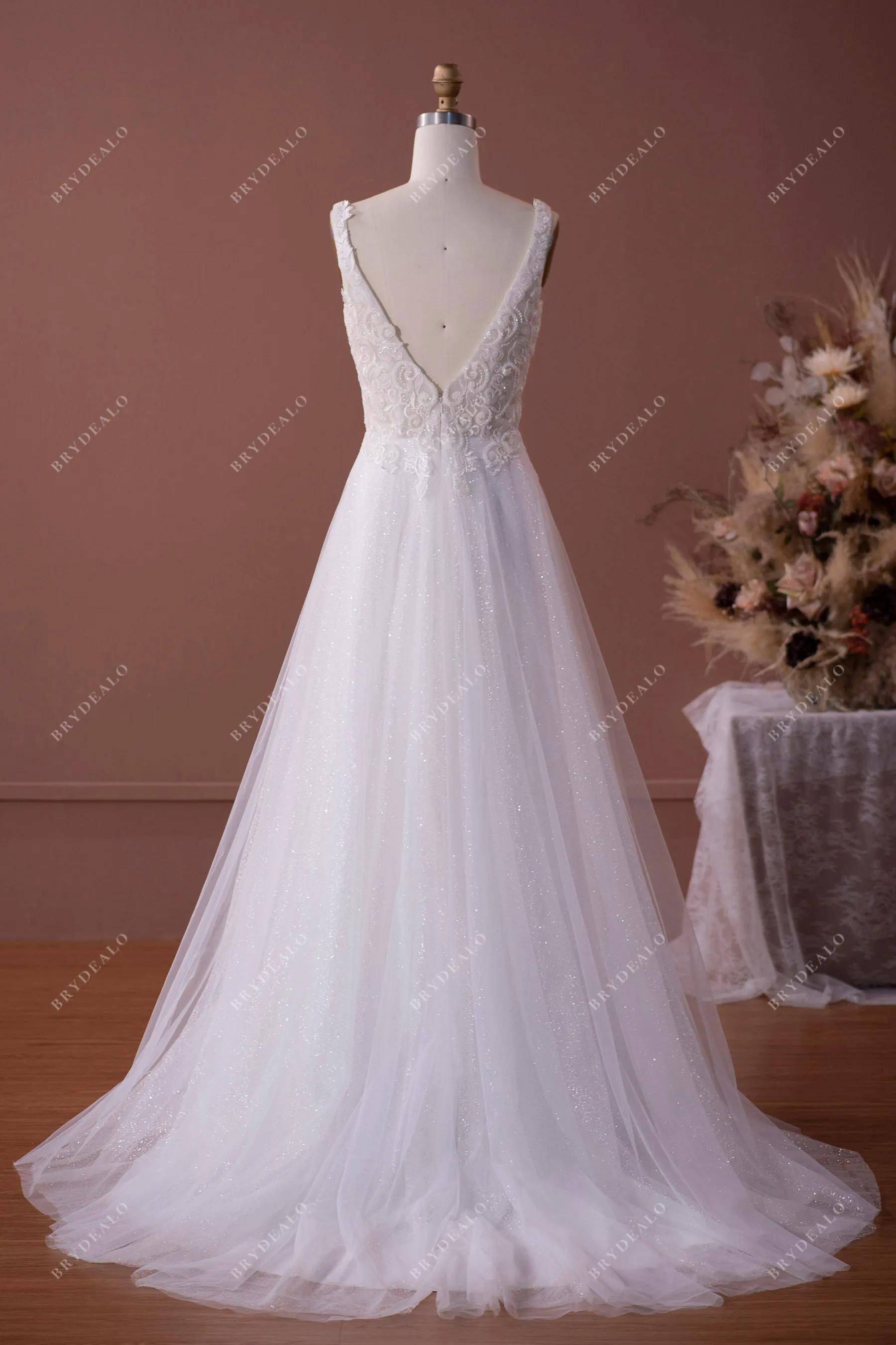 Beaded Lace Plunging Shimmery A-line Fall Wedding Dress