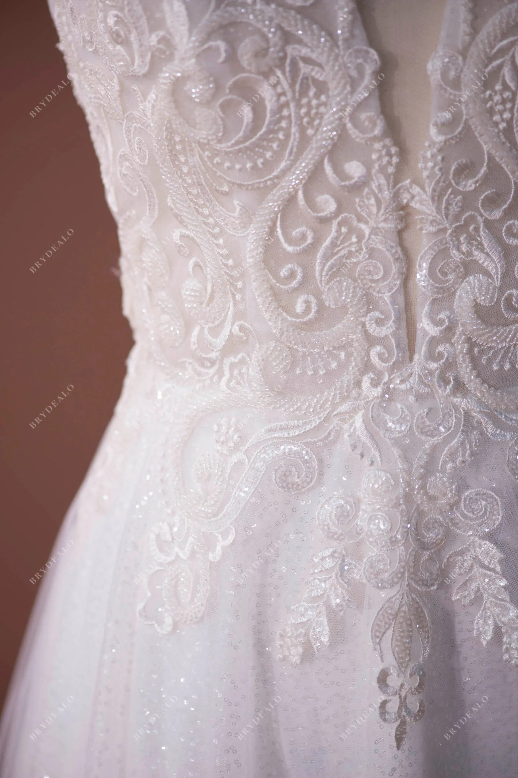 Beaded Lace Plunging Shimmery A-line Fall Wedding Dress