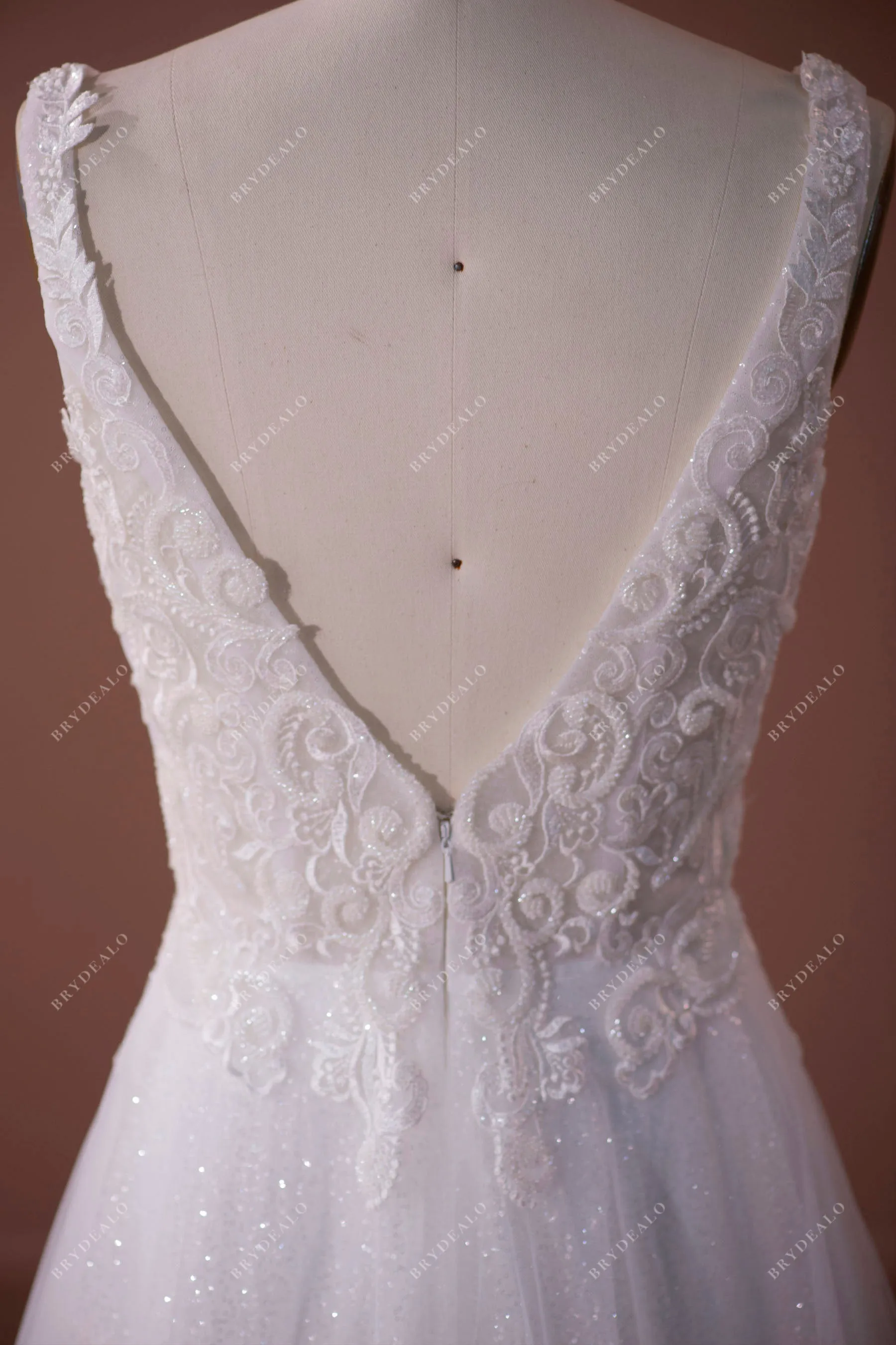 Beaded Lace Plunging Shimmery A-line Fall Wedding Dress