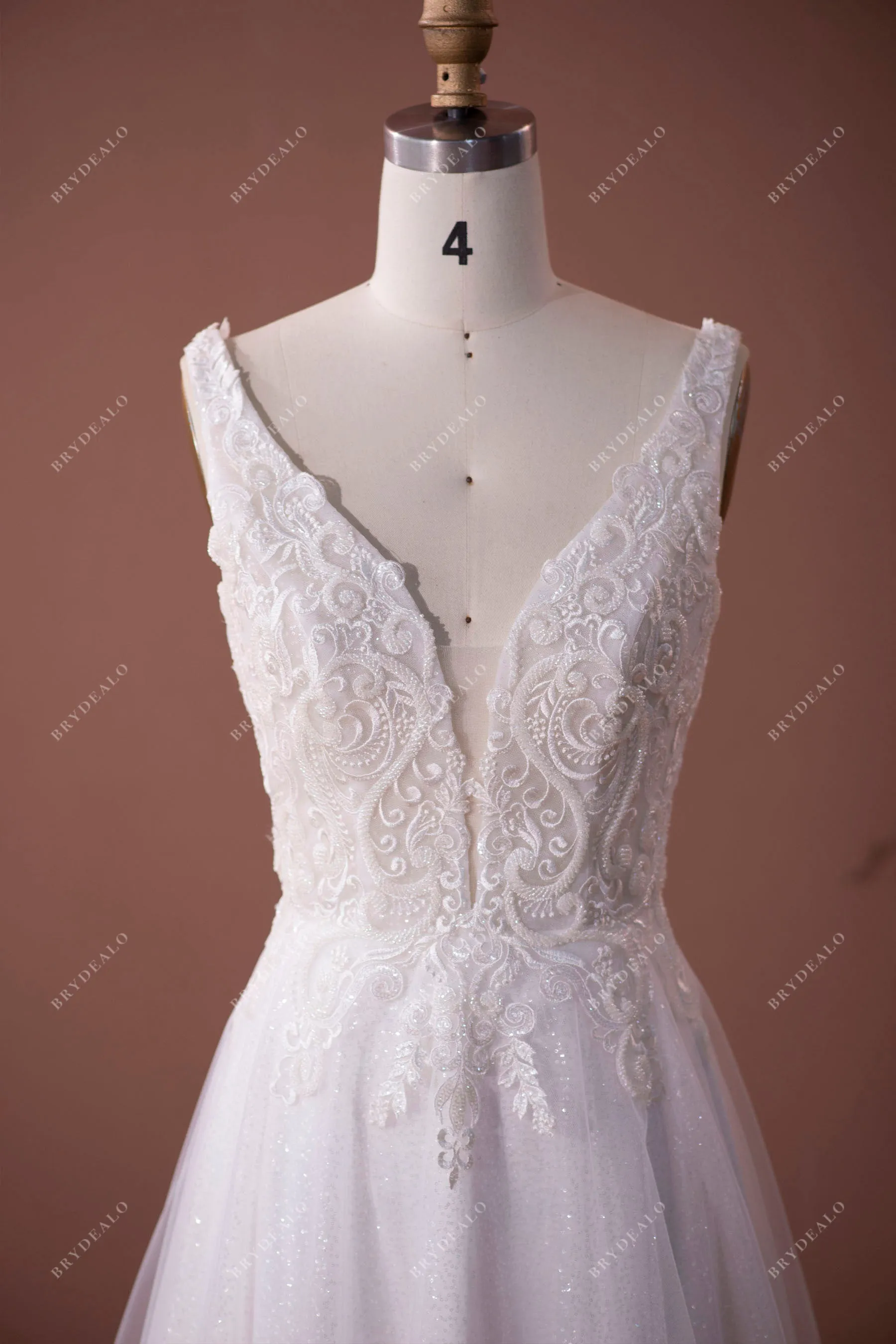 Beaded Lace Plunging Shimmery A-line Fall Wedding Dress