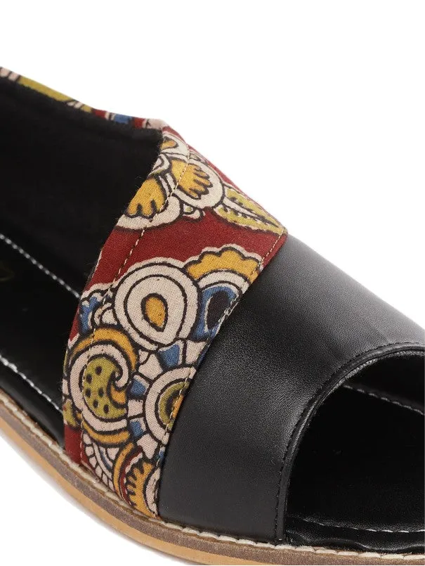 Black Blossom Kalamkari Blockprinted Open Toe Flats