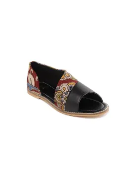 Black Blossom Kalamkari Blockprinted Open Toe Flats