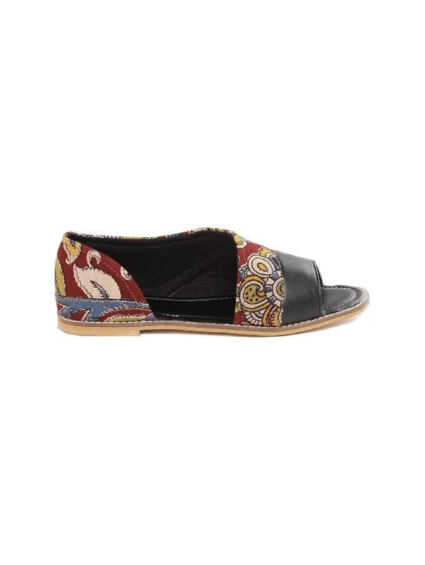 Black Blossom Kalamkari Blockprinted Open Toe Flats