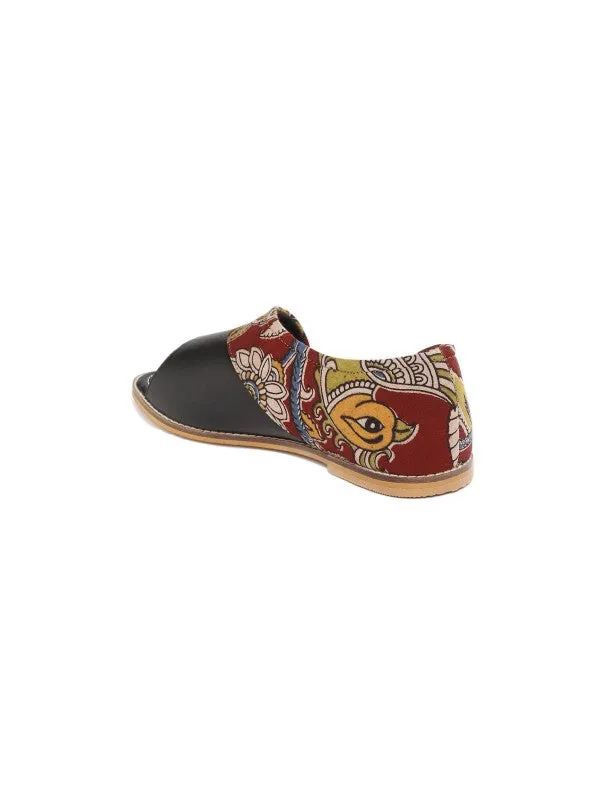 Black Blossom Kalamkari Blockprinted Open Toe Flats