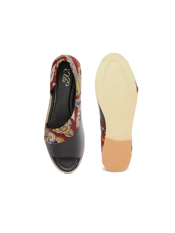 Black Blossom Kalamkari Blockprinted Open Toe Flats