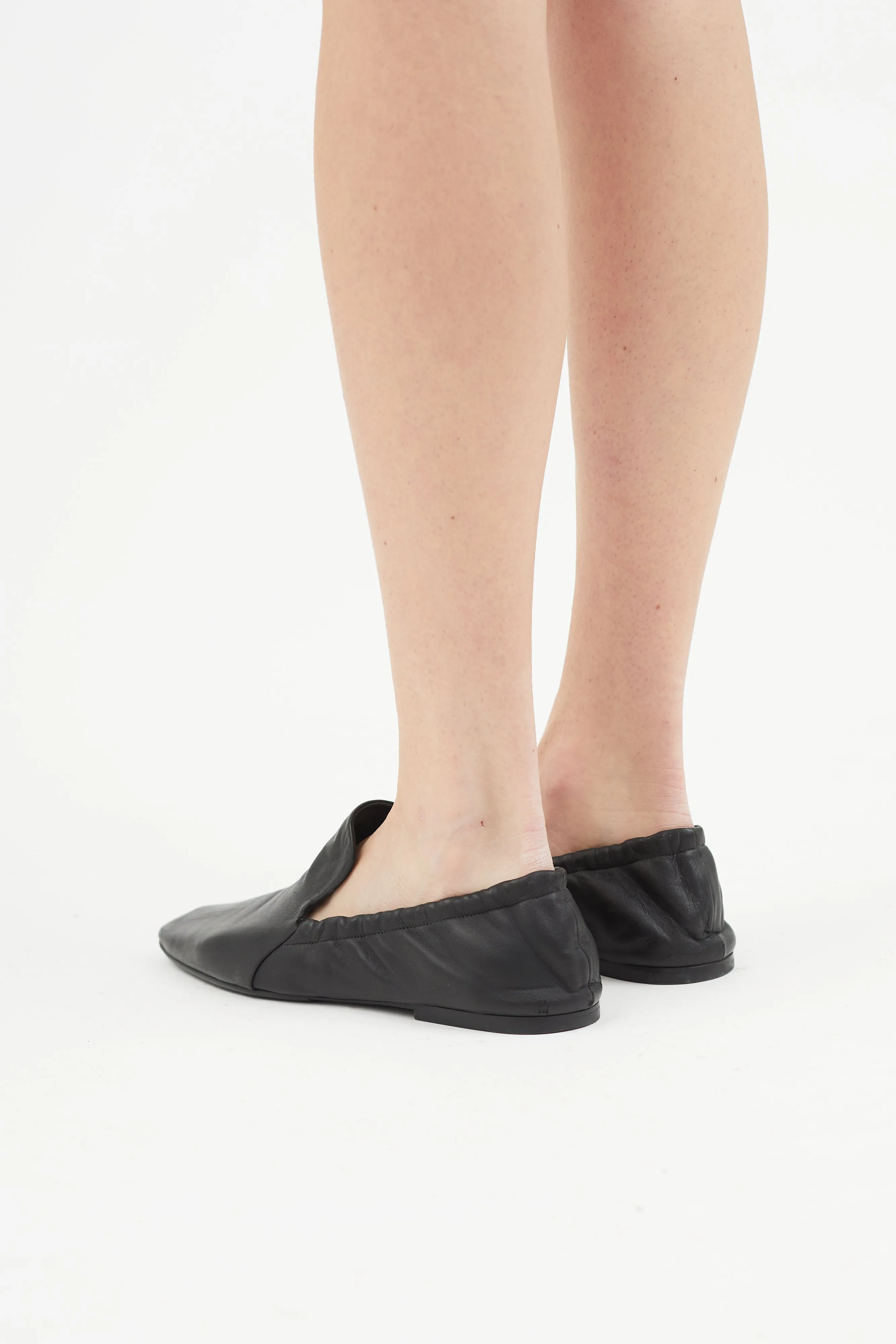 Black Leather Elasticized Flat