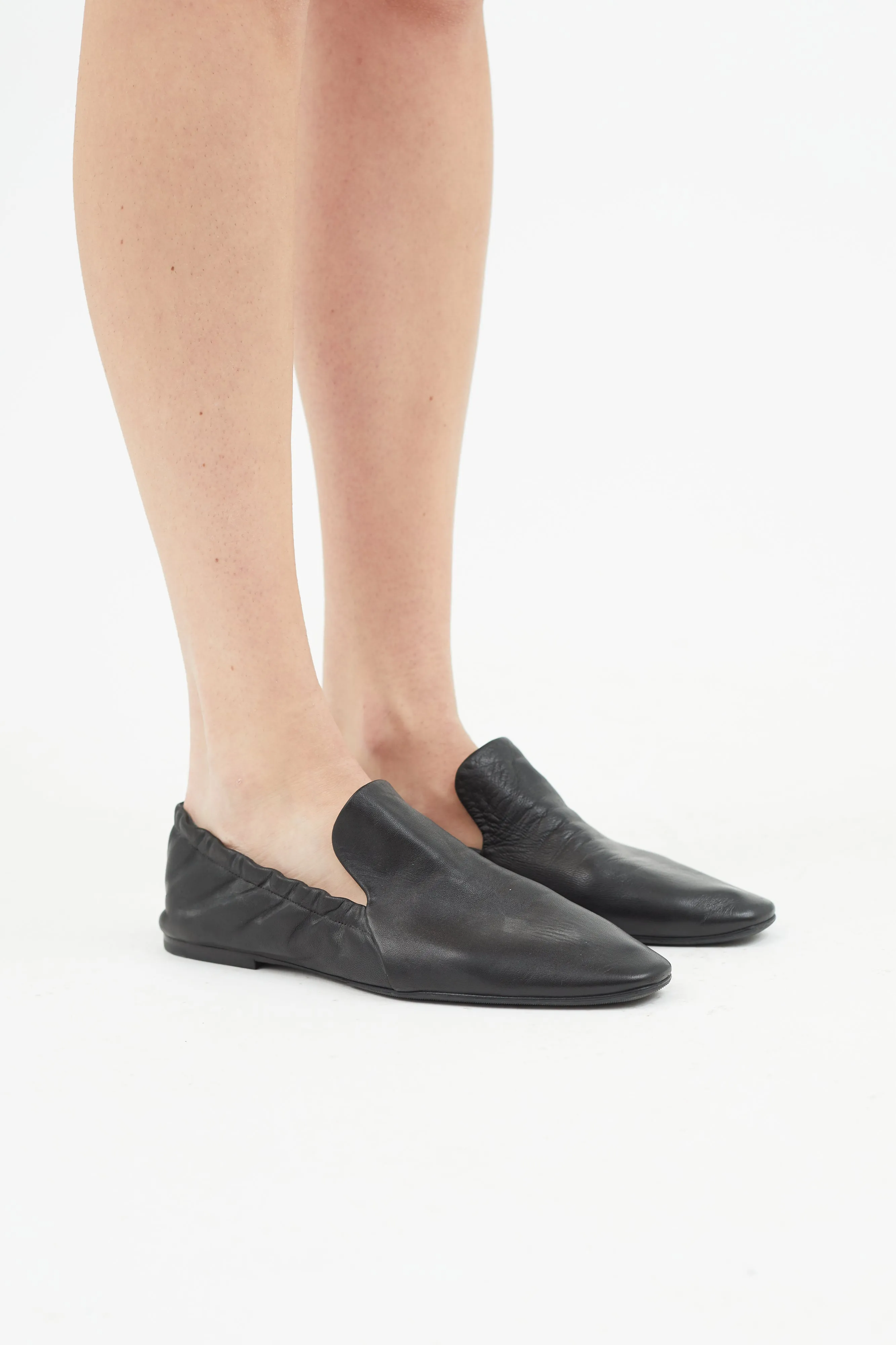 Black Leather Elasticized Flat