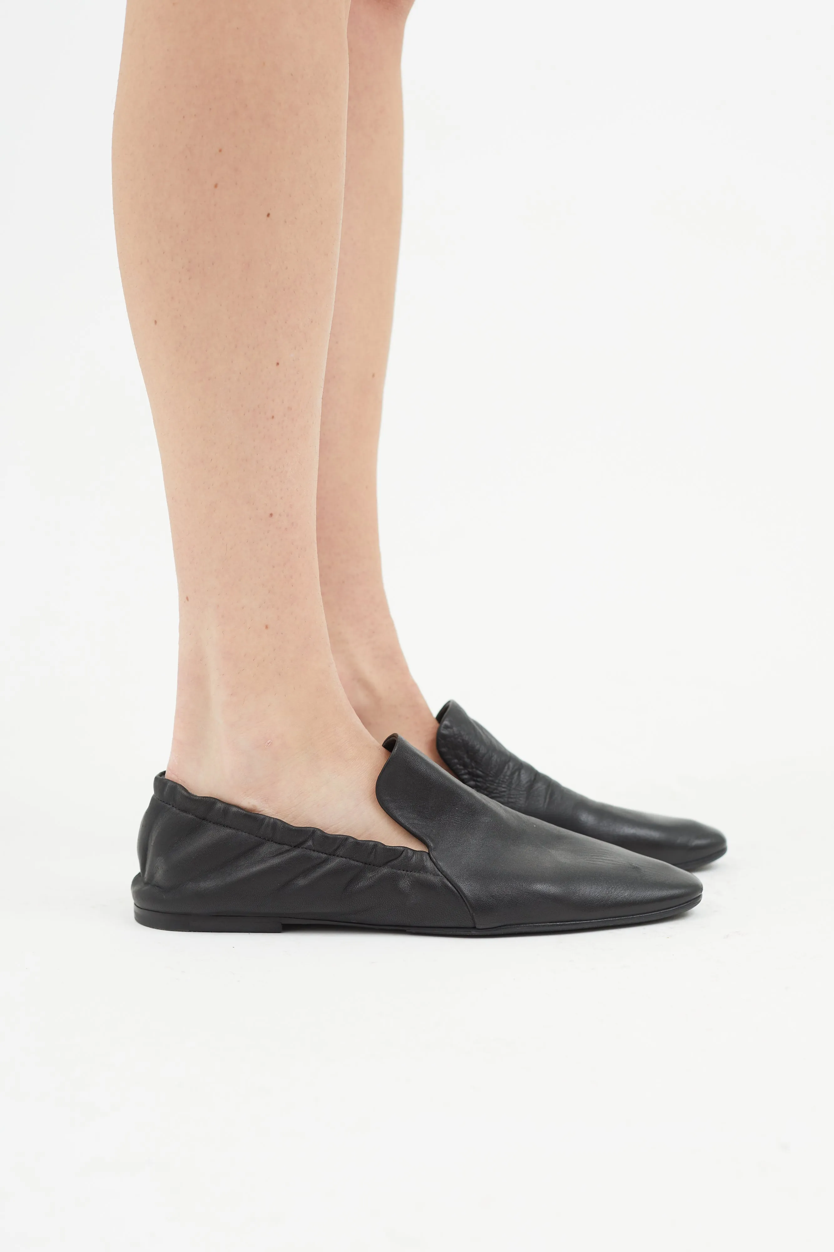 Black Leather Elasticized Flat