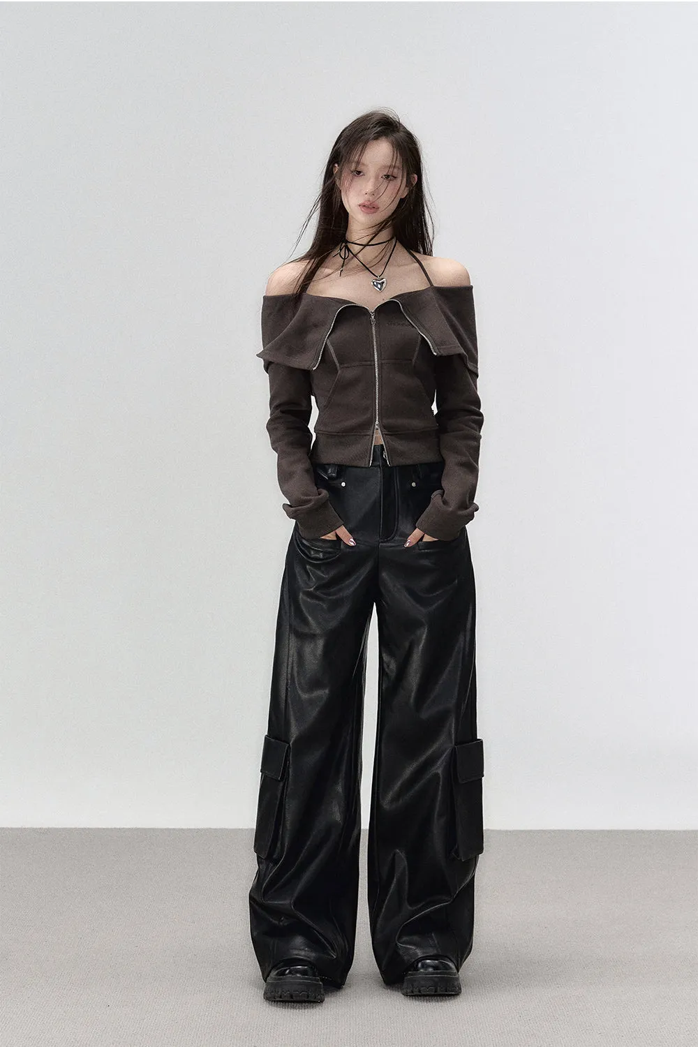 Black Rivet Straight Leather Pants