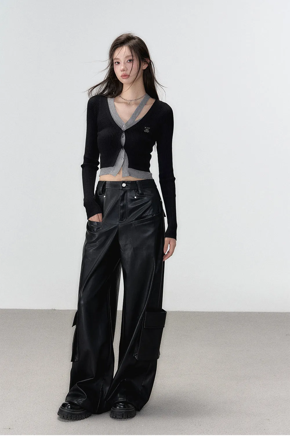 Black Rivet Straight Leather Pants