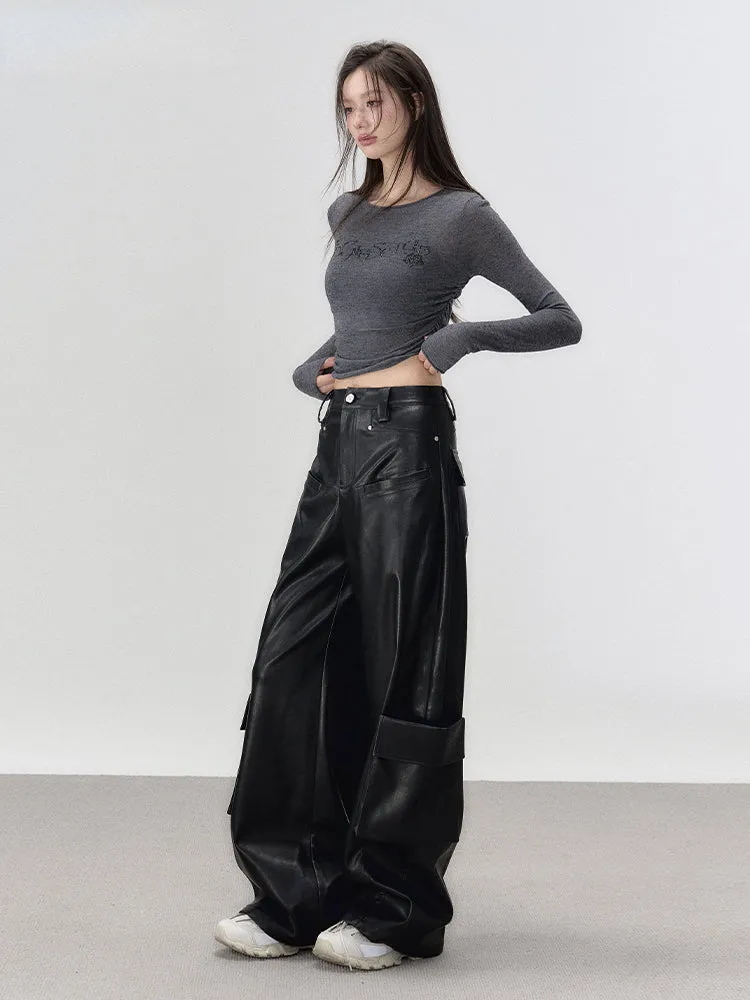 Black Rivet Straight Leather Pants
