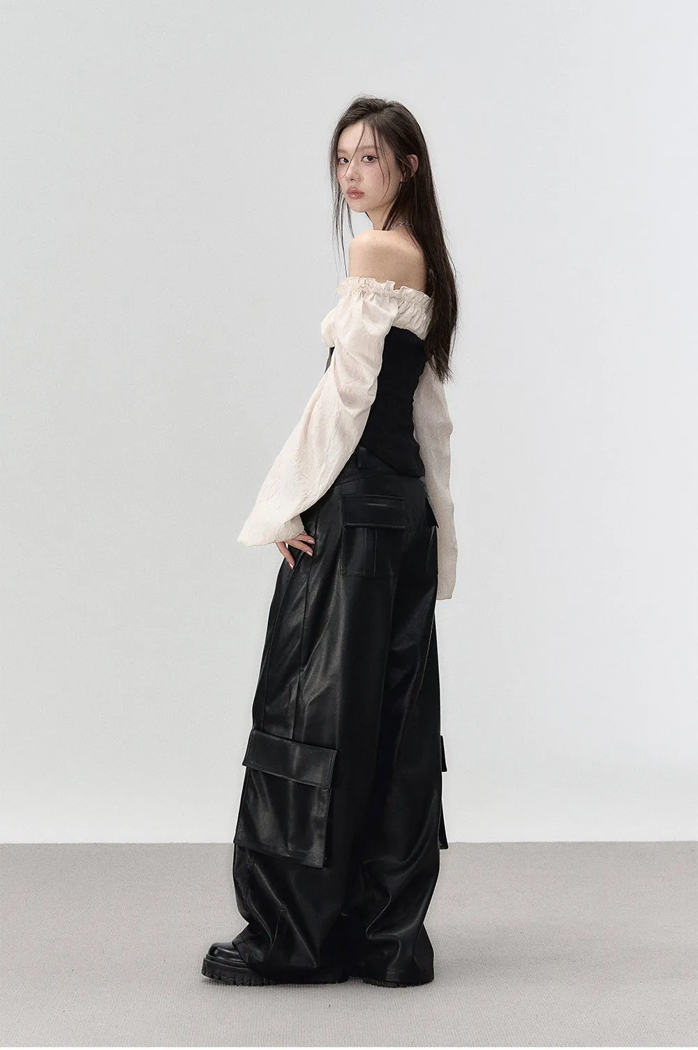 Black Rivet Straight Leather Pants