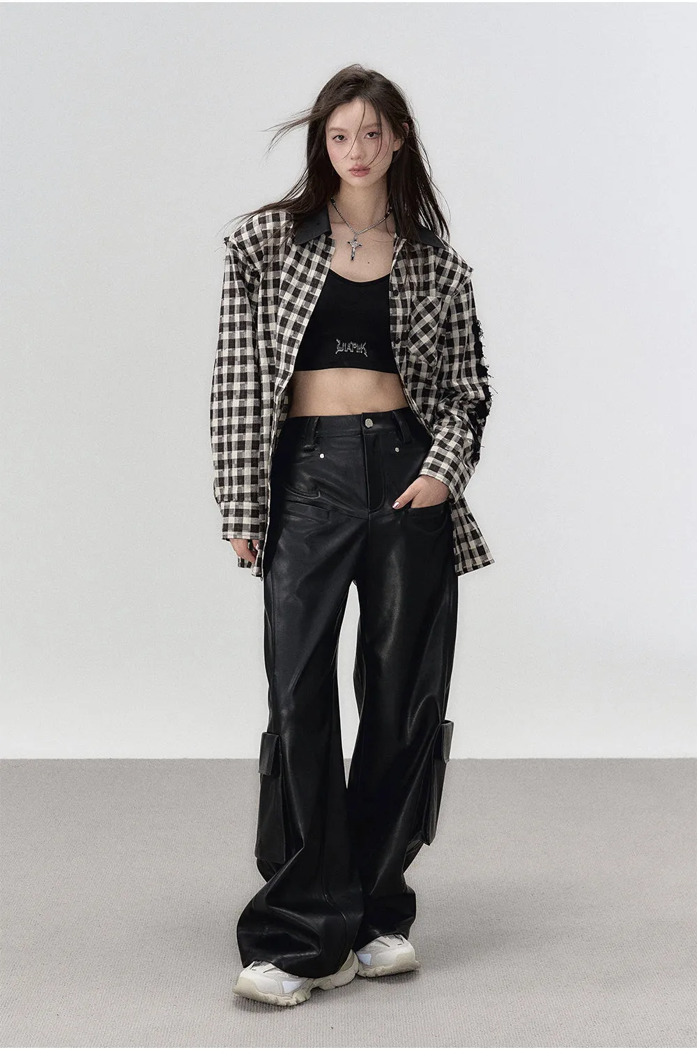 Black Rivet Straight Leather Pants