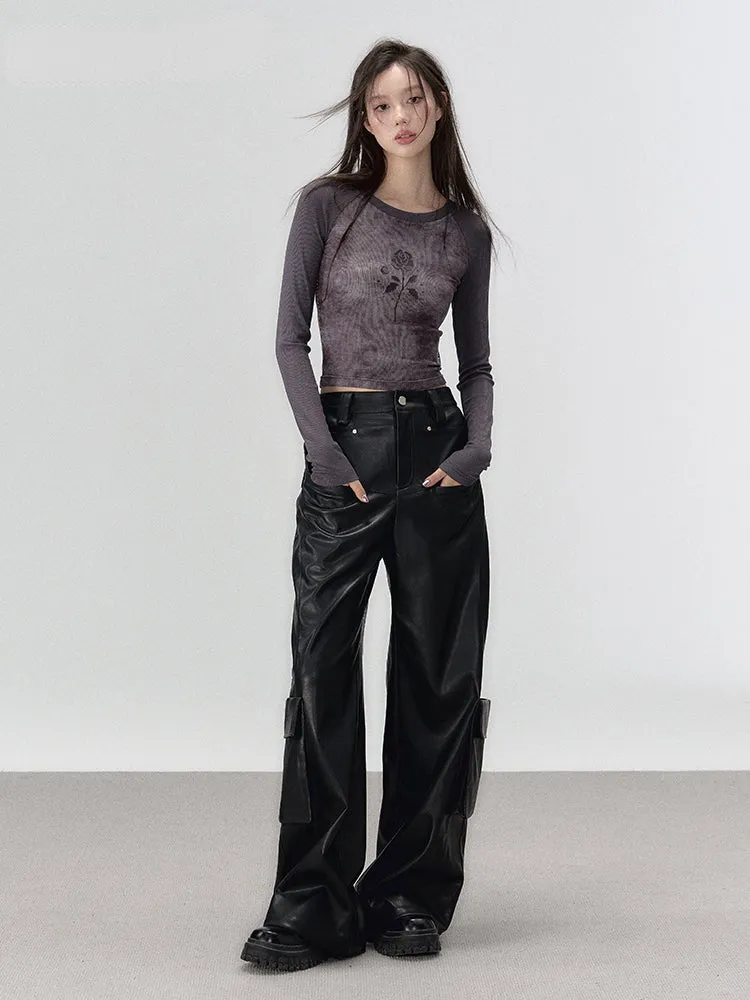 Black Rivet Straight Leather Pants