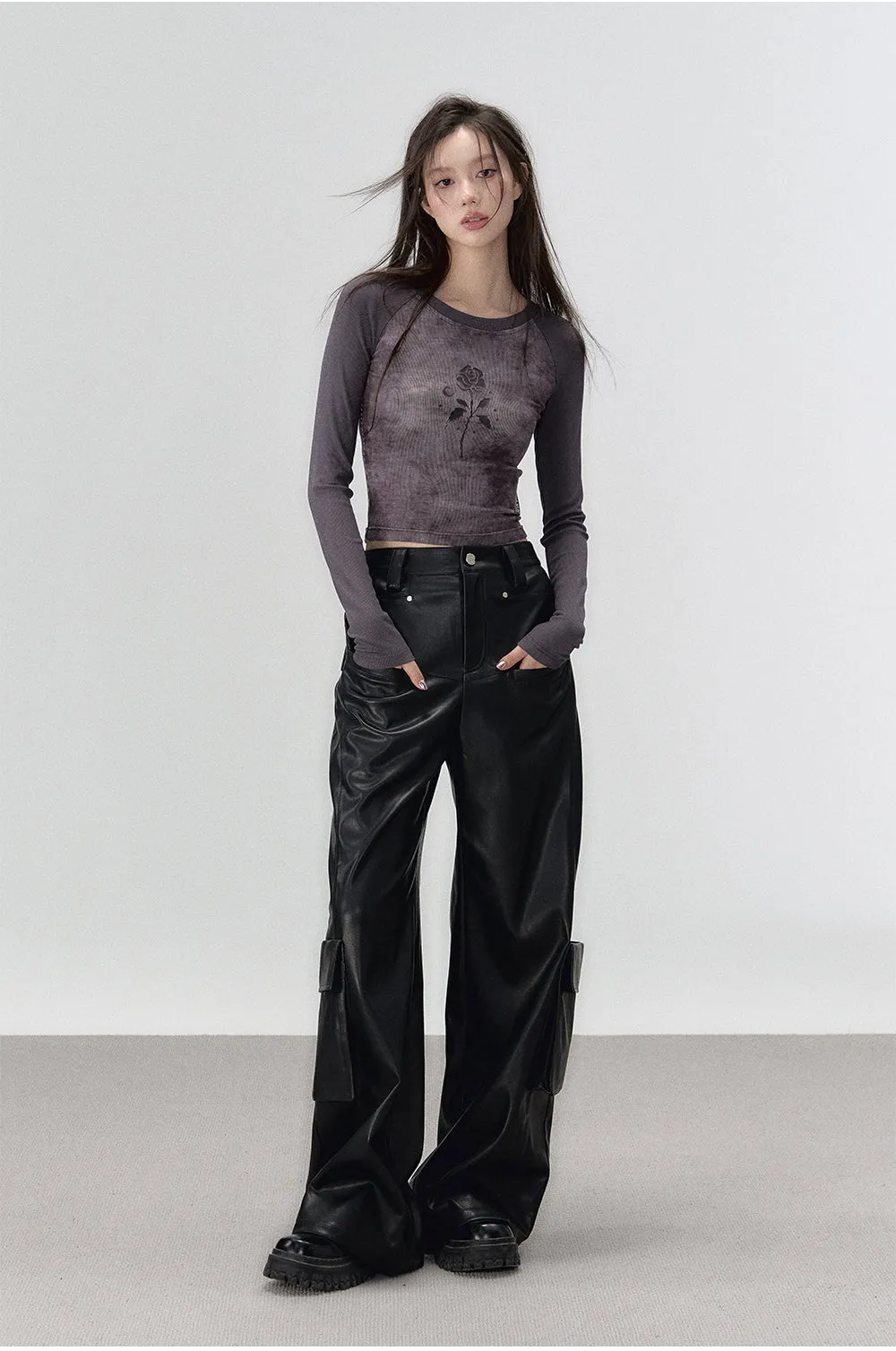 Black Rivet Straight Leather Pants