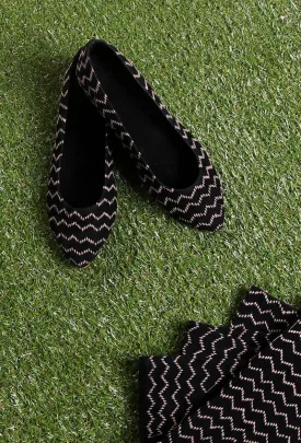 Black Suede Kantha Embroidery Ballerina Flats
