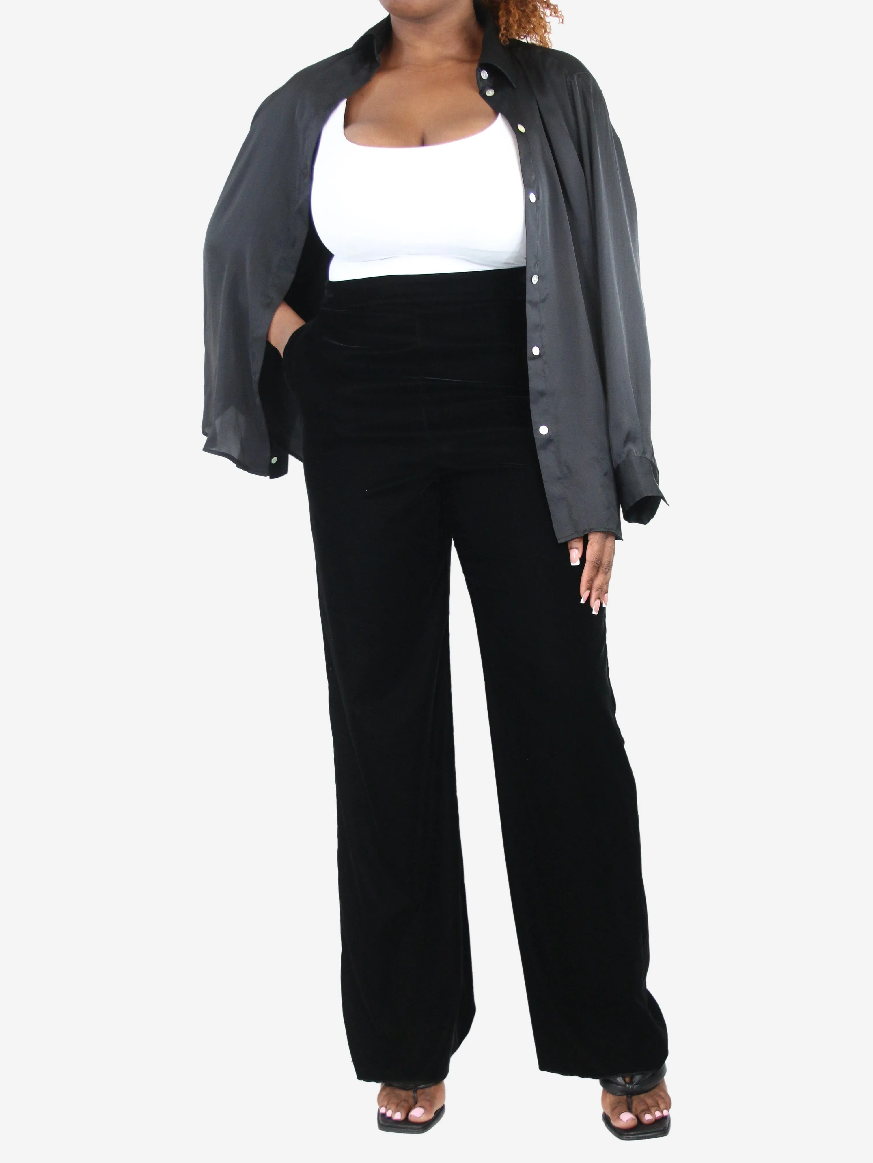Black velvet straight-leg pants- size UK 14