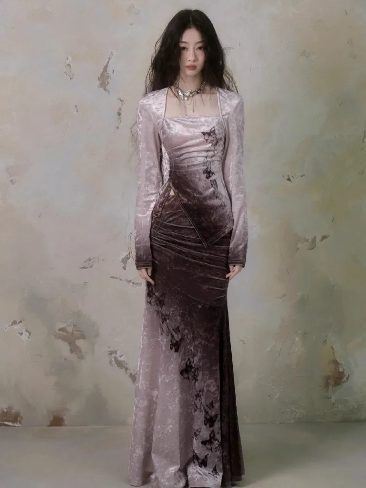 Butterfly print A-line velvet skirt【s0000006406】