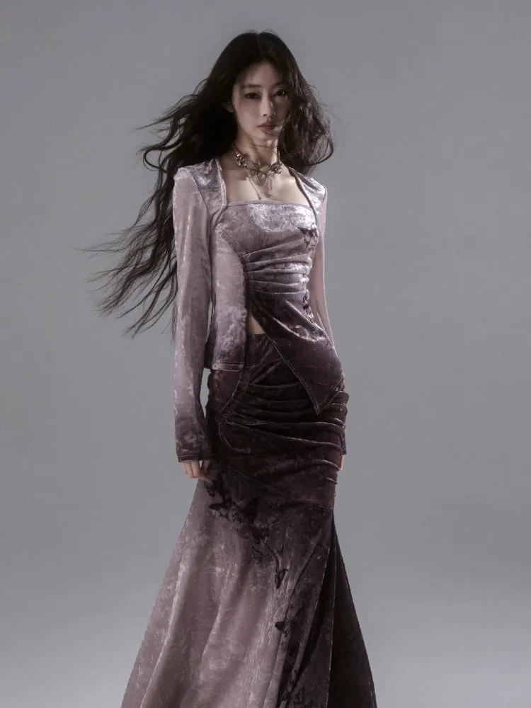Butterfly print A-line velvet skirt【s0000006406】