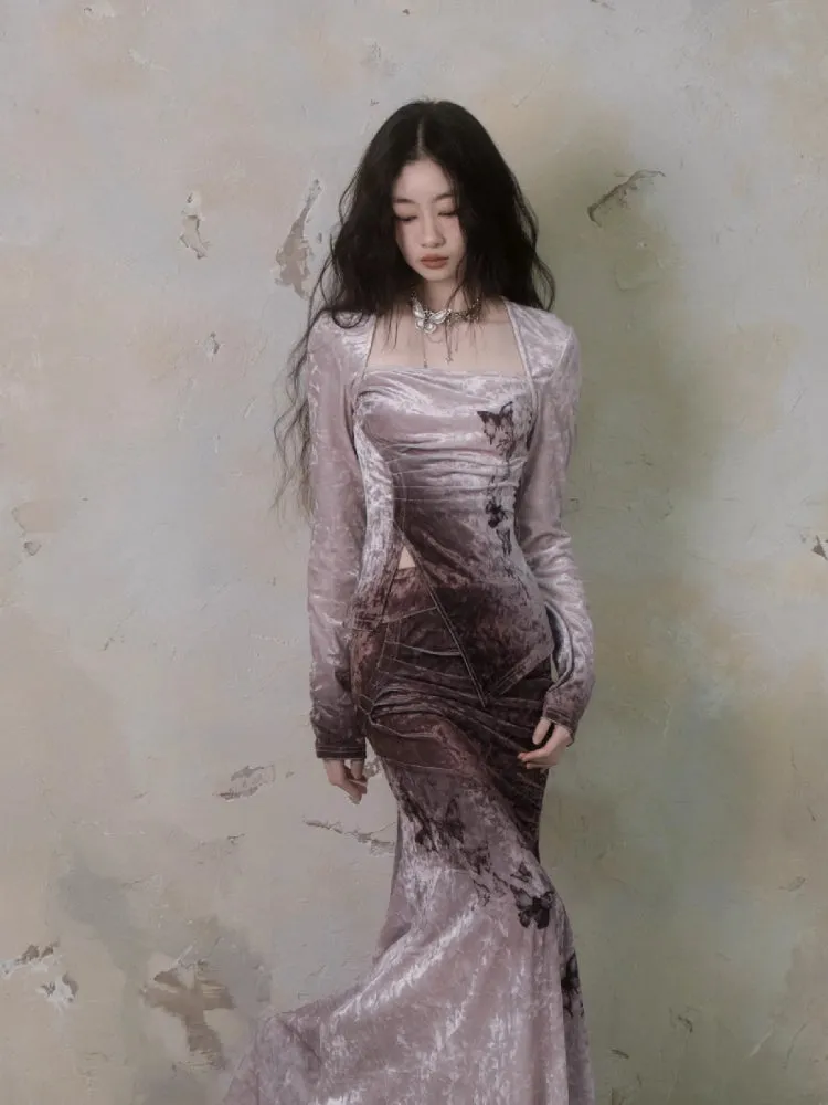 Butterfly print A-line velvet skirt【s0000006406】
