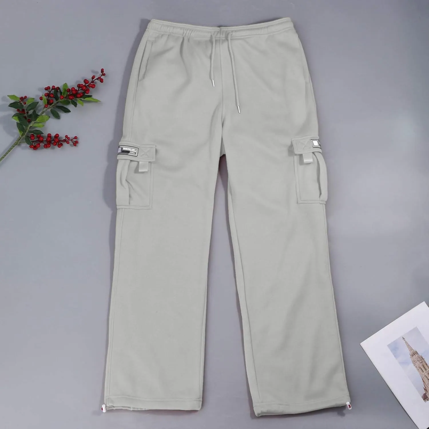 Cargo Sweatpants for Men Fleece Plus Size Hiking Joggers with Pockets Casual Open Bottom Baggy Athletic Pants