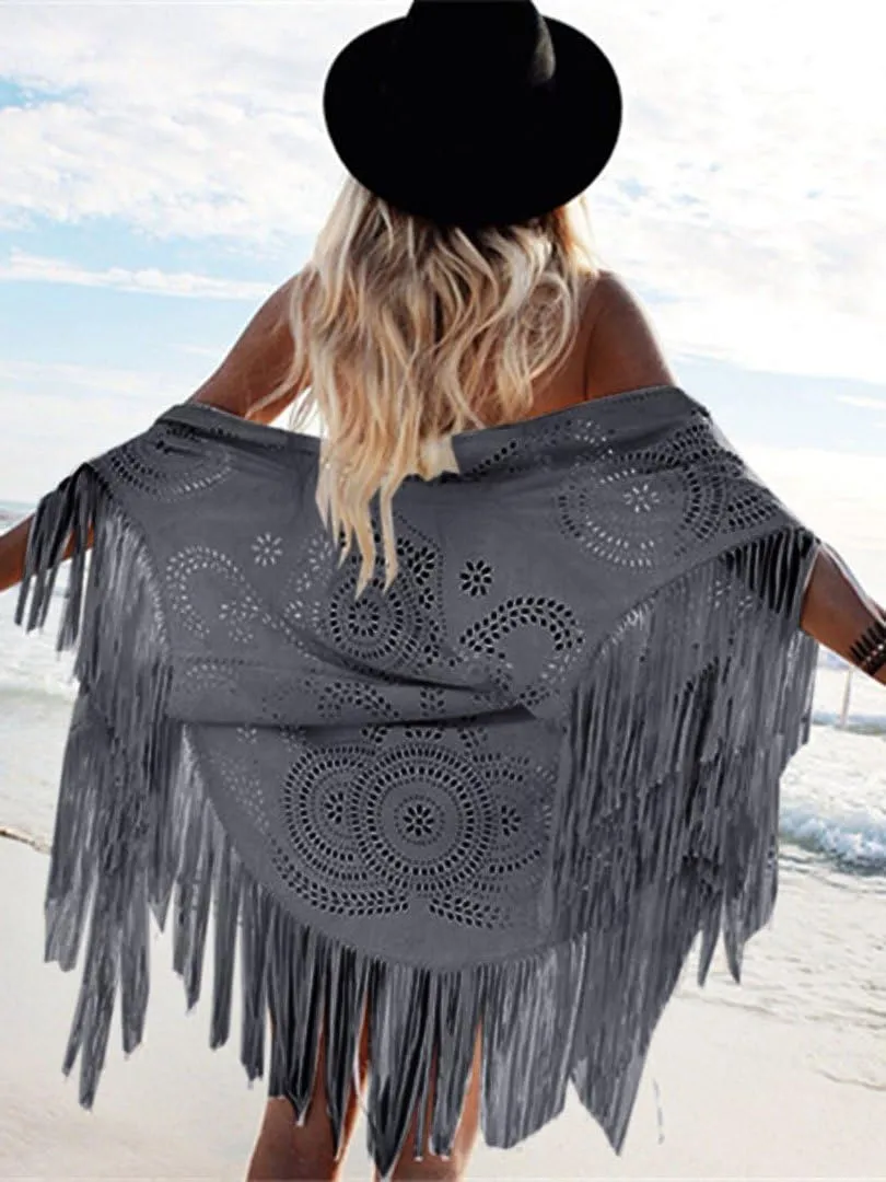 CHOiES record your inspired fashion Women's Suedette Cut Out Asymmetric Fringed Cape Kimono Blue Blouse with Tassel