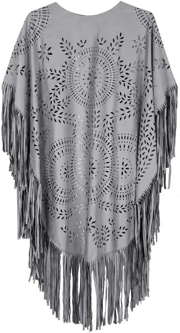 CHOiES record your inspired fashion Women's Suedette Cut Out Asymmetric Fringed Cape Kimono Blue Blouse with Tassel