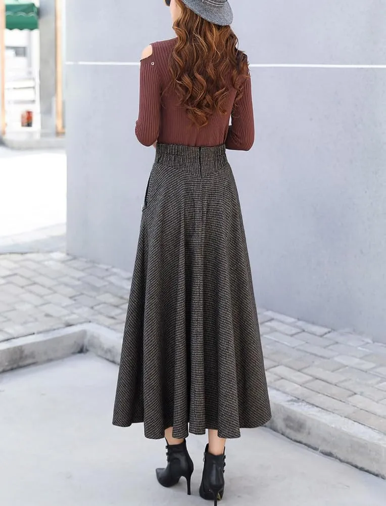 chouyatou Women's Elegant Houndstooth Plaid A Line Pleated Swing Midi Long Wool Skirt with Pockets