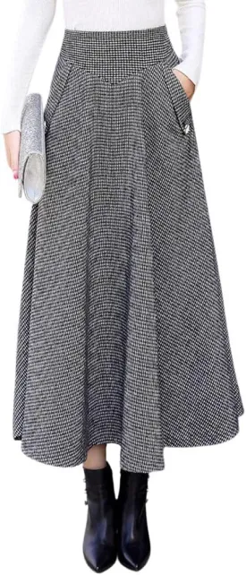 chouyatou Women's Elegant Houndstooth Plaid A Line Pleated Swing Midi Long Wool Skirt with Pockets