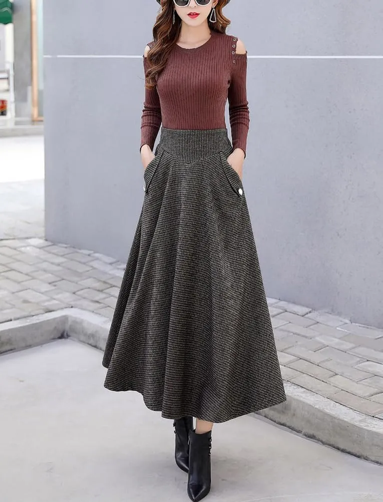 chouyatou Women's Elegant Houndstooth Plaid A Line Pleated Swing Midi Long Wool Skirt with Pockets