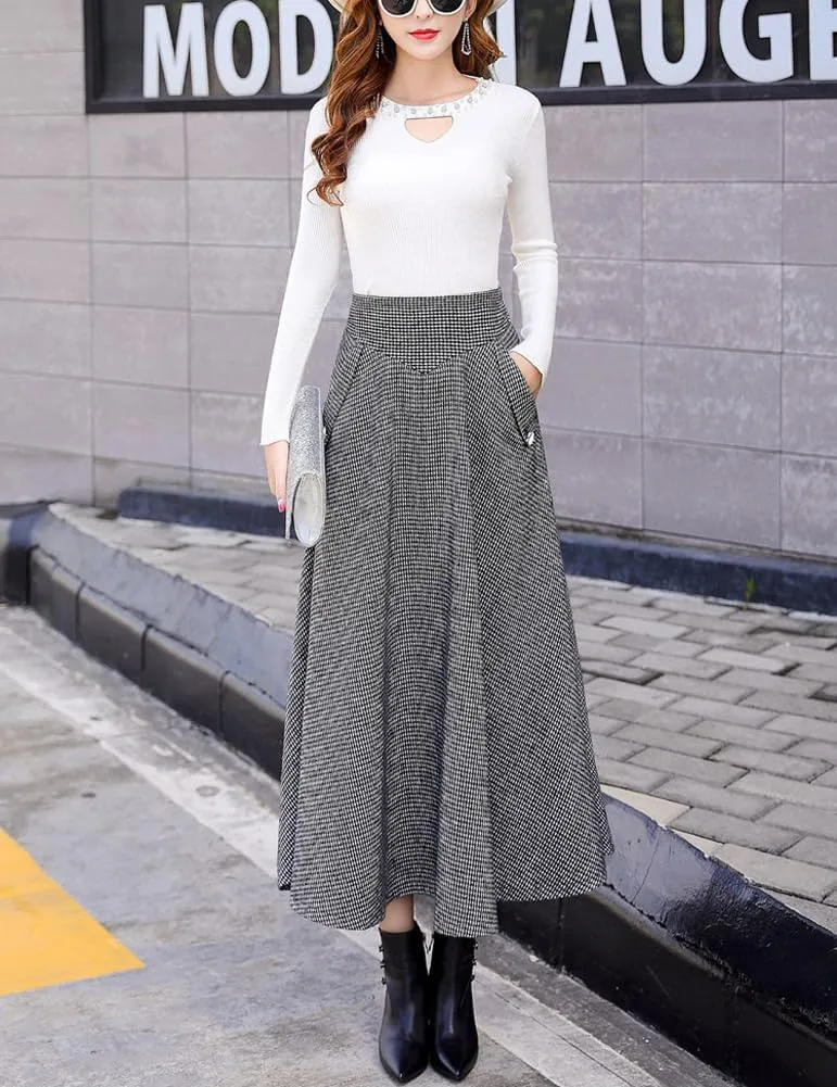 chouyatou Women's Elegant Houndstooth Plaid A Line Pleated Swing Midi Long Wool Skirt with Pockets