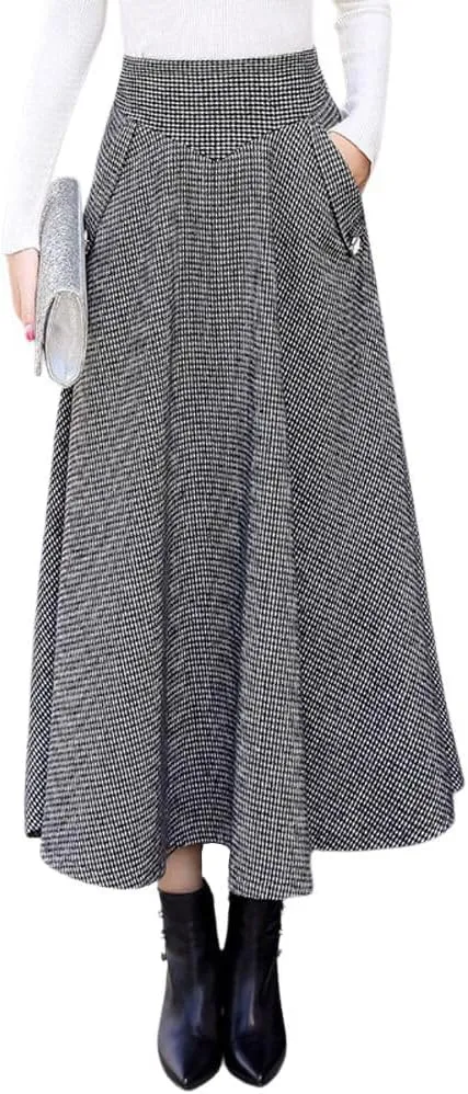chouyatou Women's Elegant Houndstooth Plaid A Line Pleated Swing Midi Long Wool Skirt with Pockets