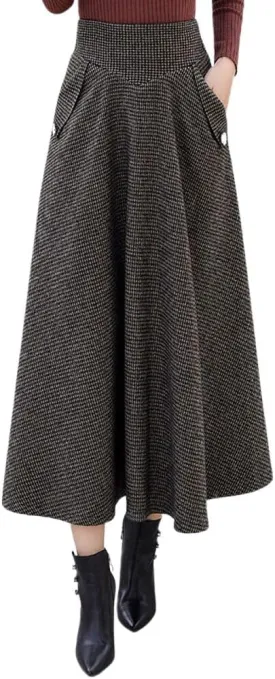 chouyatou Women's Elegant Houndstooth Plaid A Line Pleated Swing Midi Long Wool Skirt with Pockets