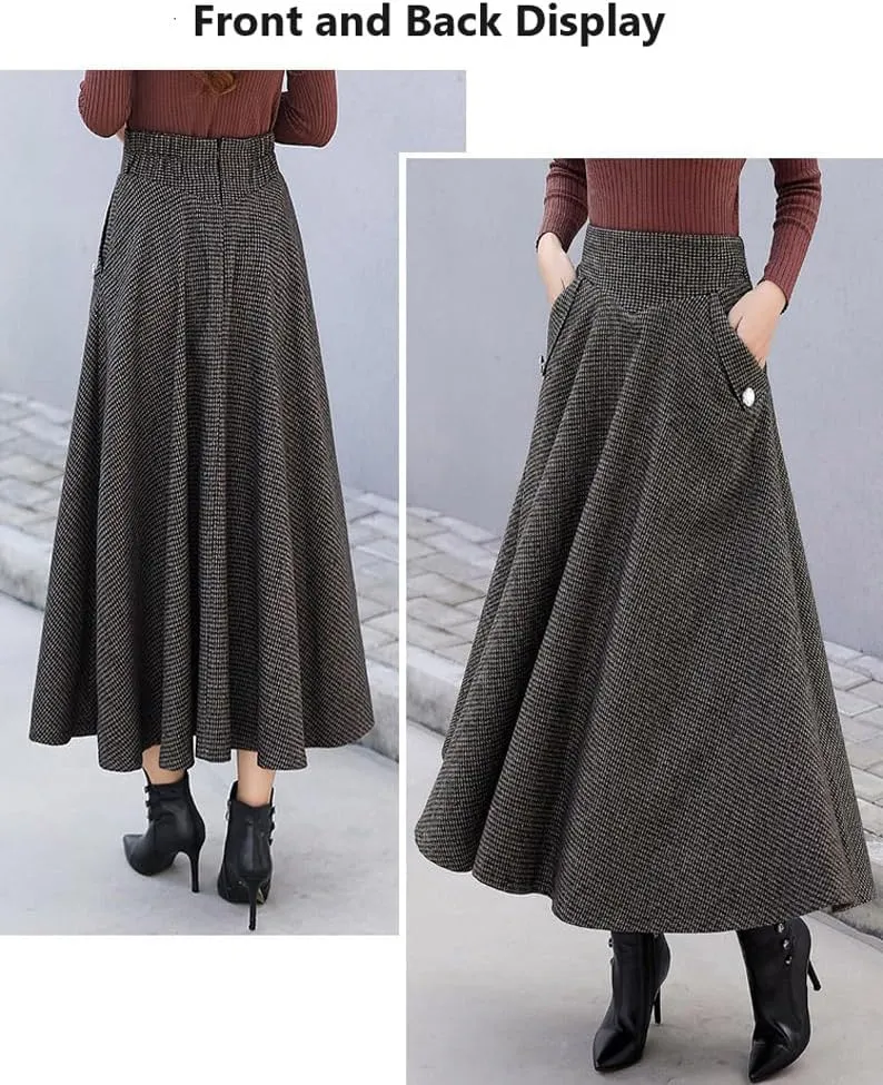 chouyatou Women's Elegant Houndstooth Plaid A Line Pleated Swing Midi Long Wool Skirt with Pockets