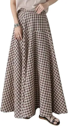 chouyatou Women's Retro Plaid A Line Midi Skirt Gingham High Elastic Waisted Pleated Swing Long Skirt